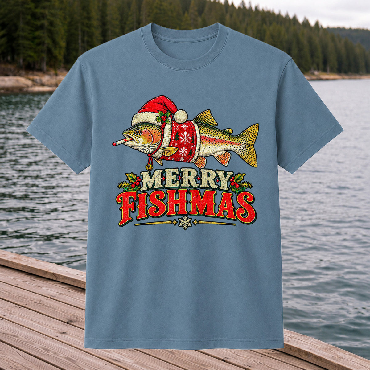 Christmas Trout Santa Fishing Graphic T-Shirt