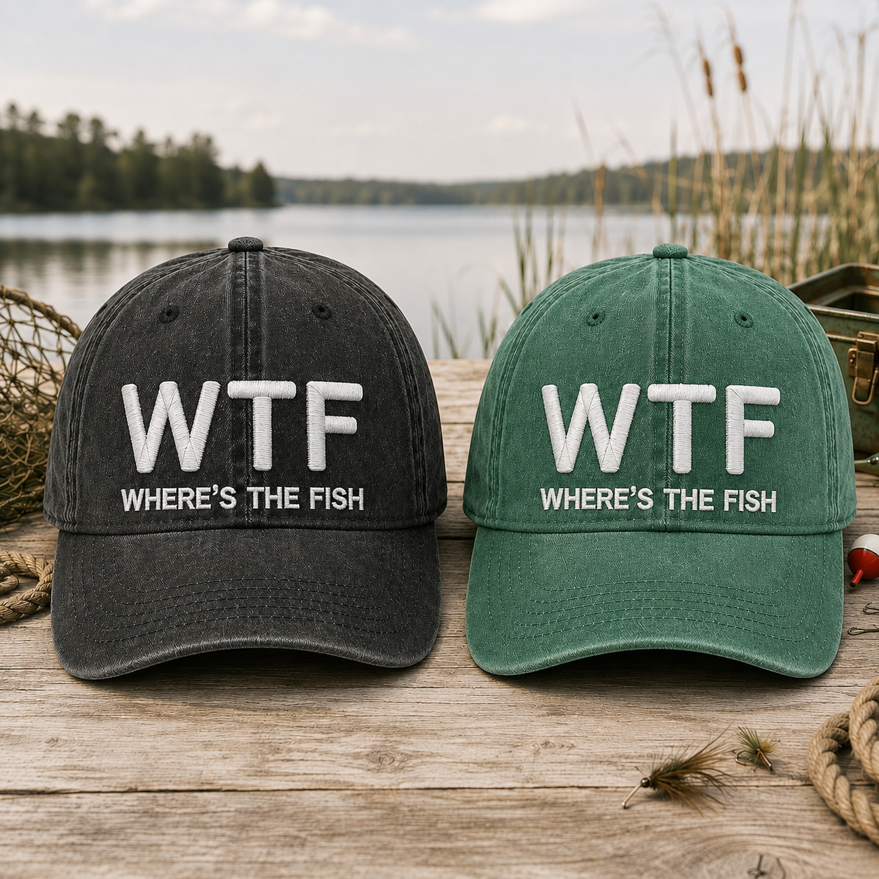 WTF Where’s The Fish Embroidered Vintage Washed Baseball Hat