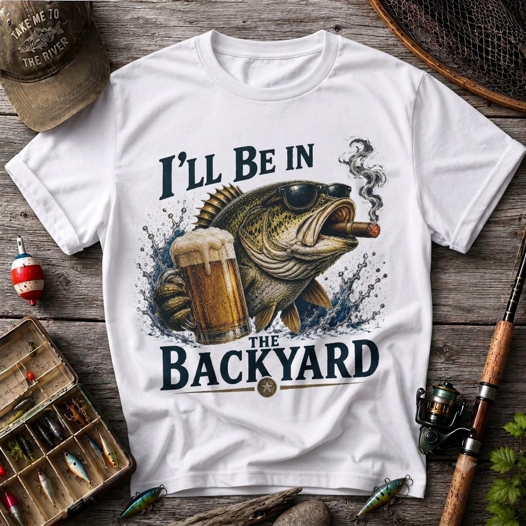 I'll Be In The Backyard Funny Fishing T Shirt | Beer & Bass Graphic Tee