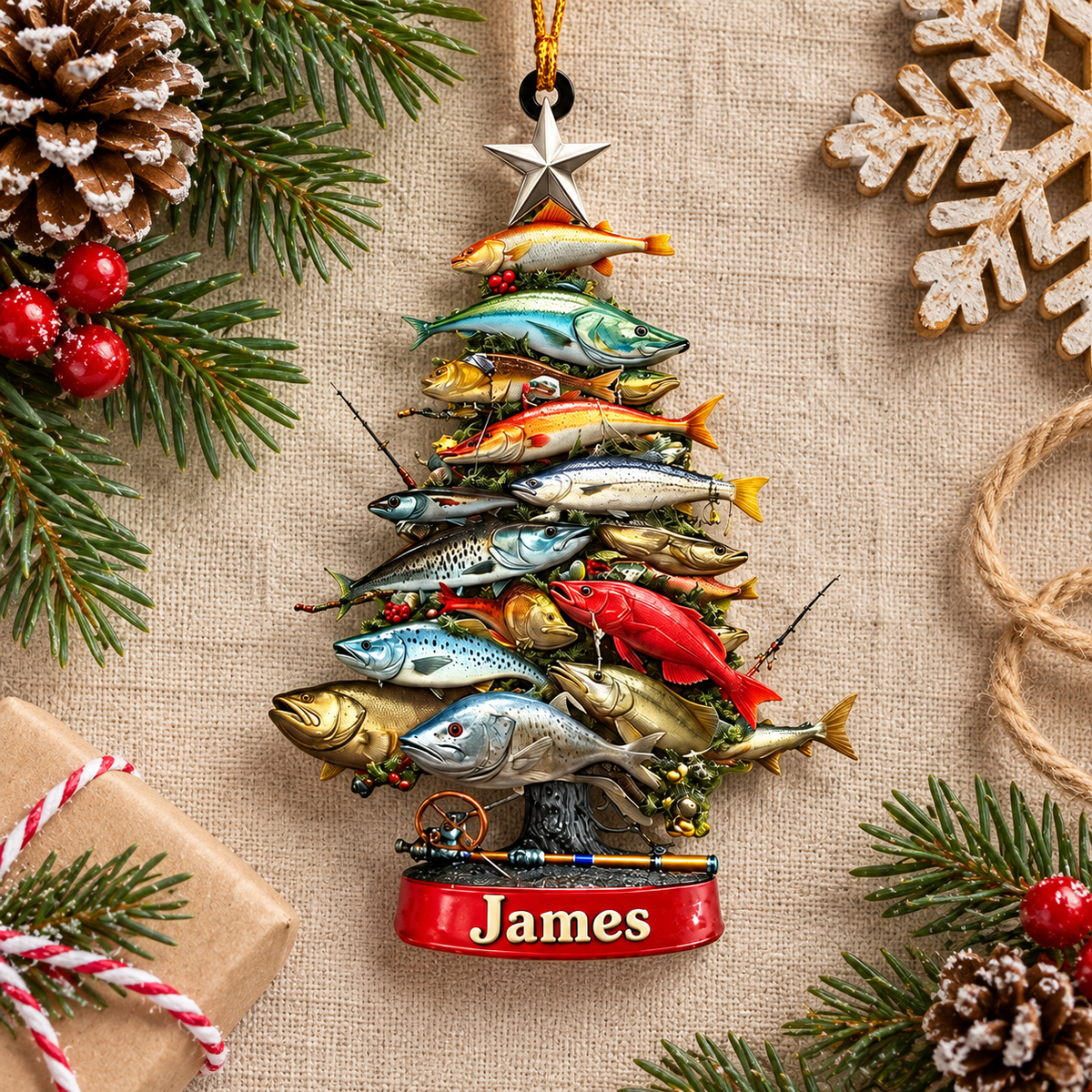 Personalized Fishing Christmas Tree Acrylic Ornament – Custom Name Keepsake for Anglers