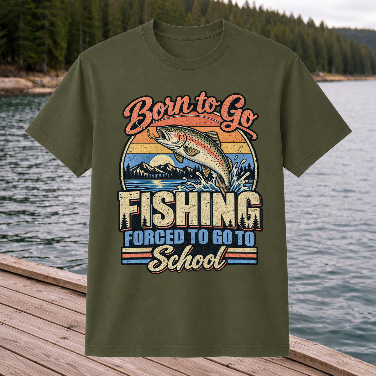 Born to Go Fishing Forced to Go to School Retro Rainbow Trout T-Shirt