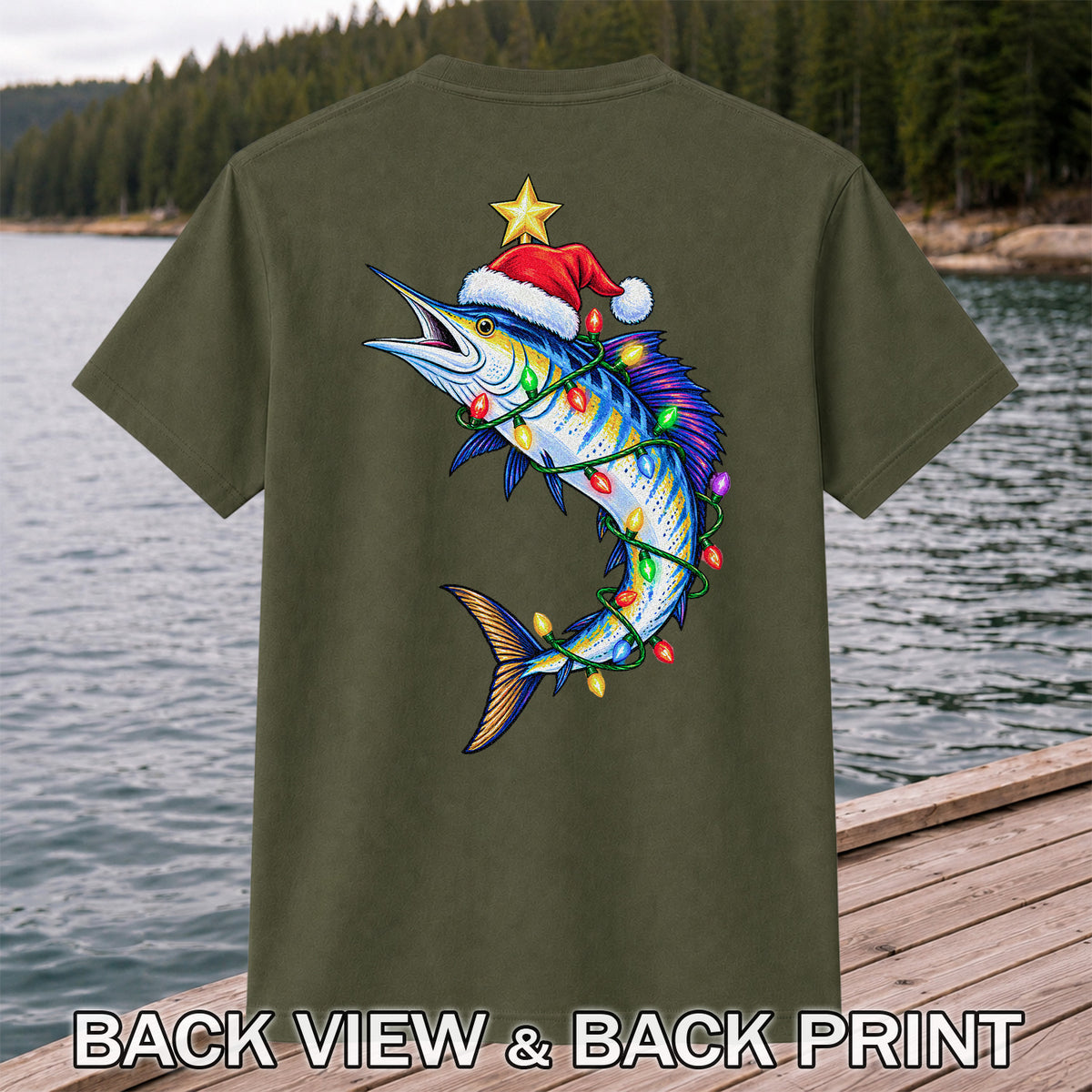 Christmas Marlin Wrapped in Lights Fishing T-Shirt | Back Print