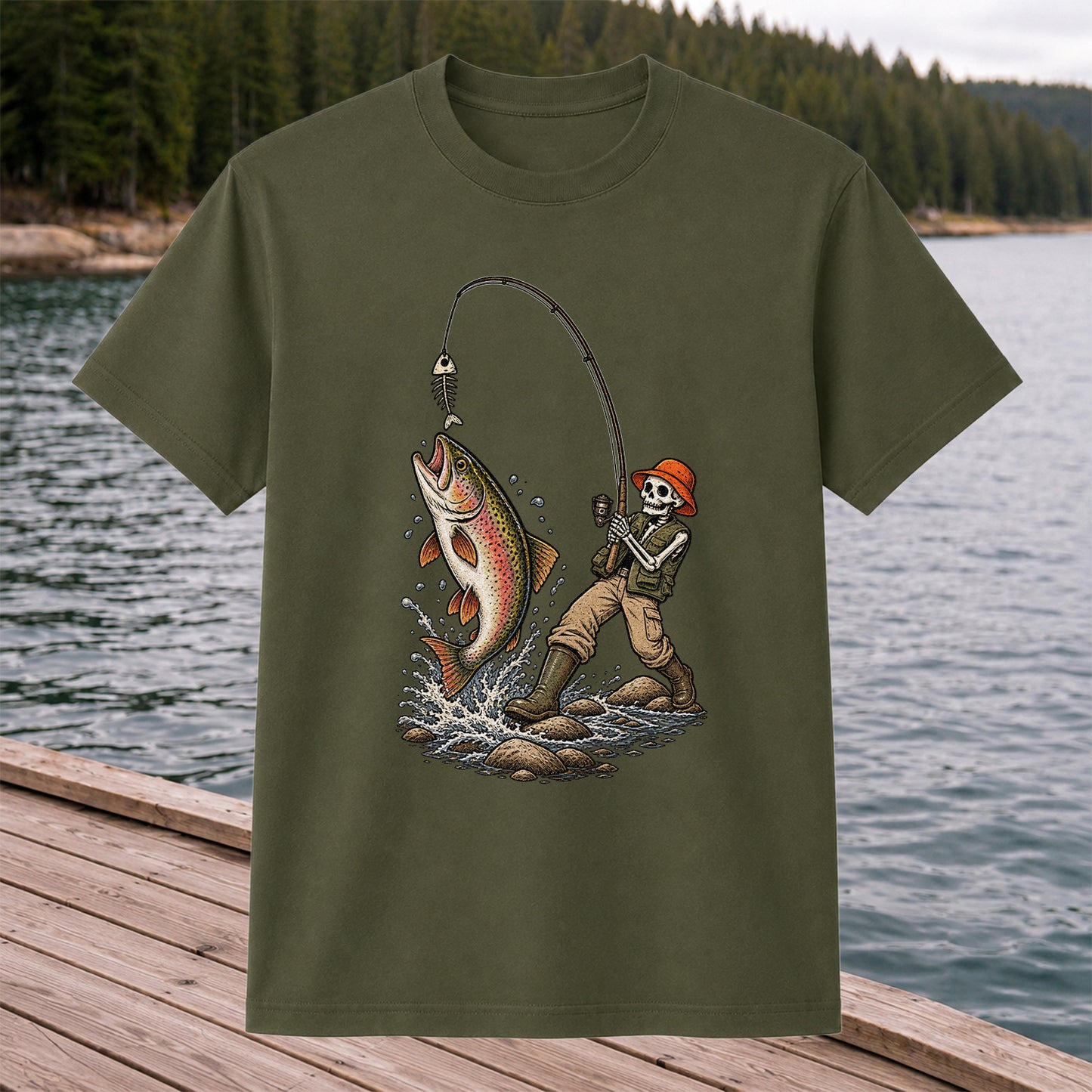 Skeleton Angler Catching Trout Dark Humor Fishing T-Shirt