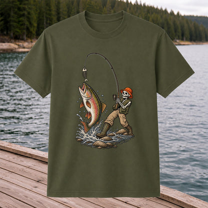 Skeleton Angler Catching Trout Dark Humor Fishing T-Shirt
