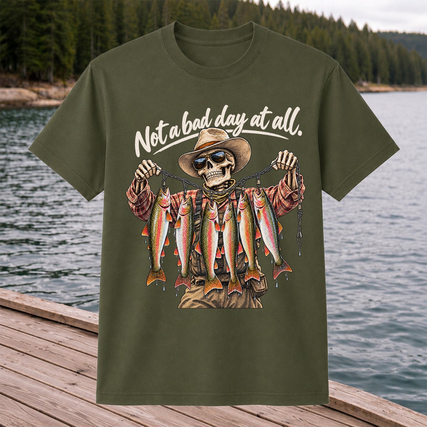 Not a Bad Day at All Skeleton Cowboy Rainbow Trout Fishing T-Shirt