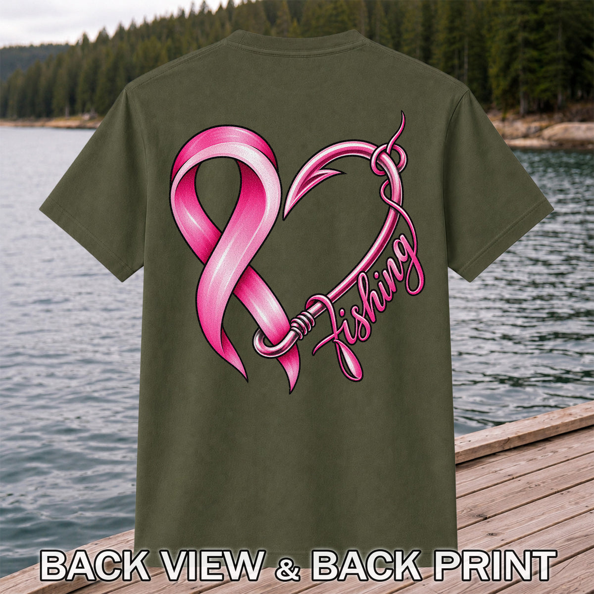 Pink Ribbon Heart Fish Hook Fishing Graphic T-Shirt | Back Print