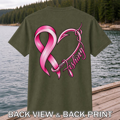 Pink Ribbon Heart Fish Hook Fishing Graphic T-Shirt | Back Print