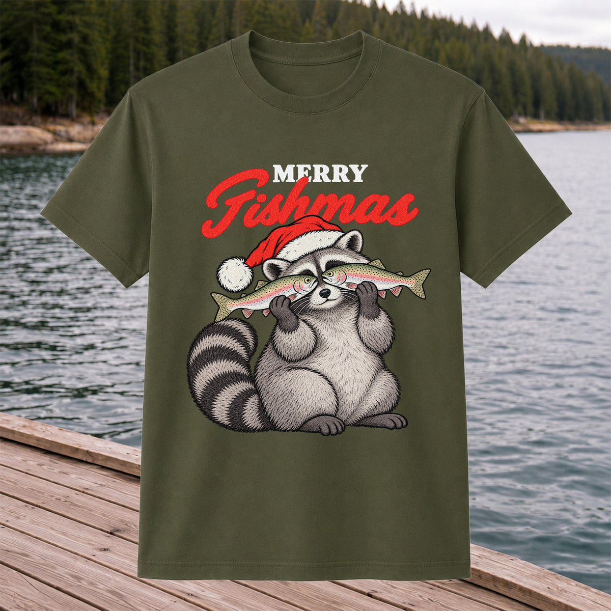 Santa Raccoon Holding Fish Christmas Fishing Graphic T-Shirt