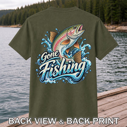 Gone Fishing Jumping Rainbow Trout Splash Graphic T-Shirt | Back Print