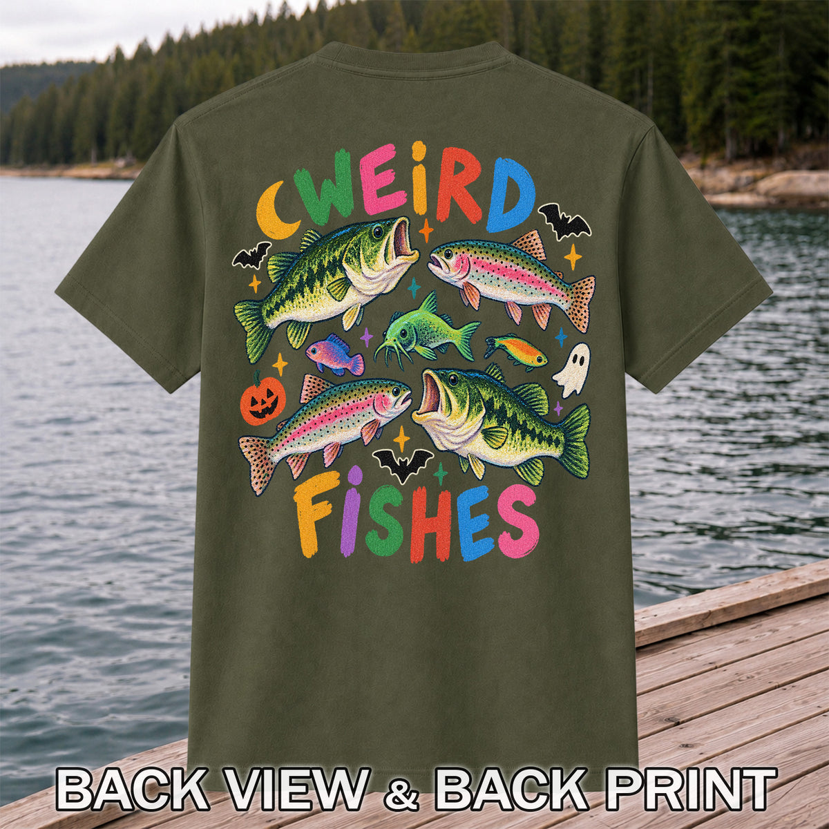 Weird Fishes Halloween Bass and Rainbow Trout Fishing T-Shirt | Back Print