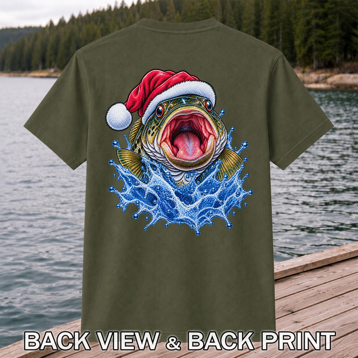 Santa Hat Bass Splash Fishing Graphic T-Shirt | Back Print
