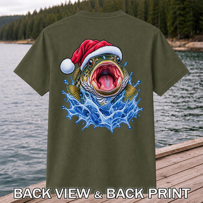 Santa Hat Bass Splash Fishing Graphic T-Shirt | Back Print