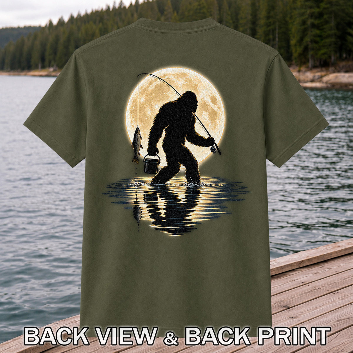 Bigfoot Fishing Under a Full Moon Graphic T-Shirt | Back Print