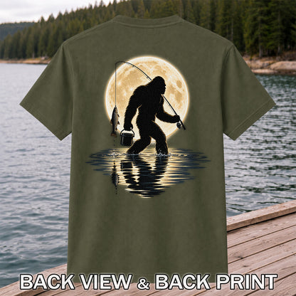 Bigfoot Fishing Under a Full Moon Graphic T-Shirt | Back Print