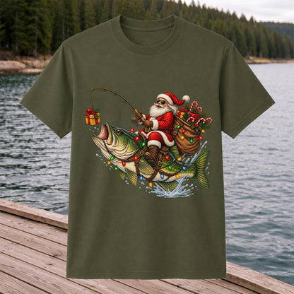 Santa Riding a Largemouth Bass Christmas Fishing Graphic T-Shirt