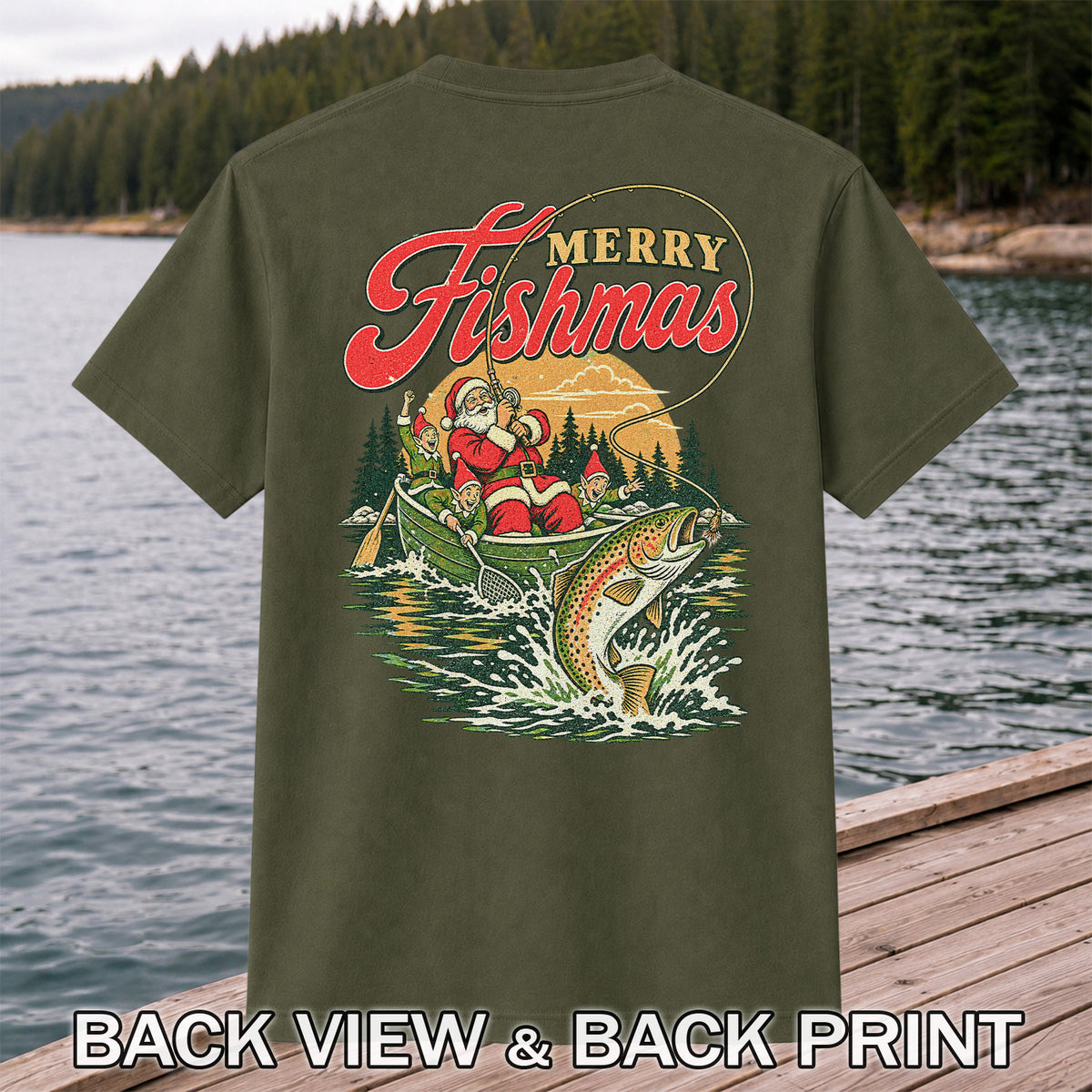 Merry Fishmas Santa and Elves Trout Fishing Christmas T-Shirt | Back Print