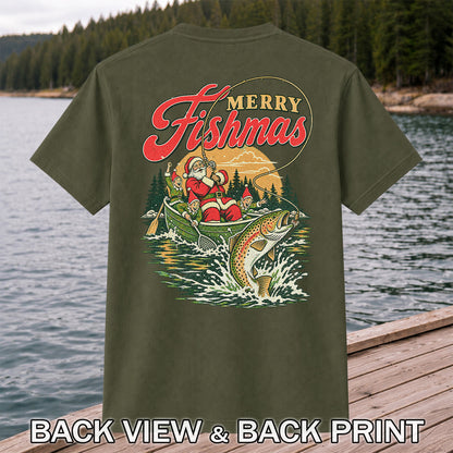 Merry Fishmas Santa and Elves Trout Fishing Christmas T-Shirt | Back Print
