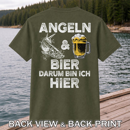 Angeln Und Bier Darum Bin Ich Hier Funny Fishing T-Shirt | Back Print