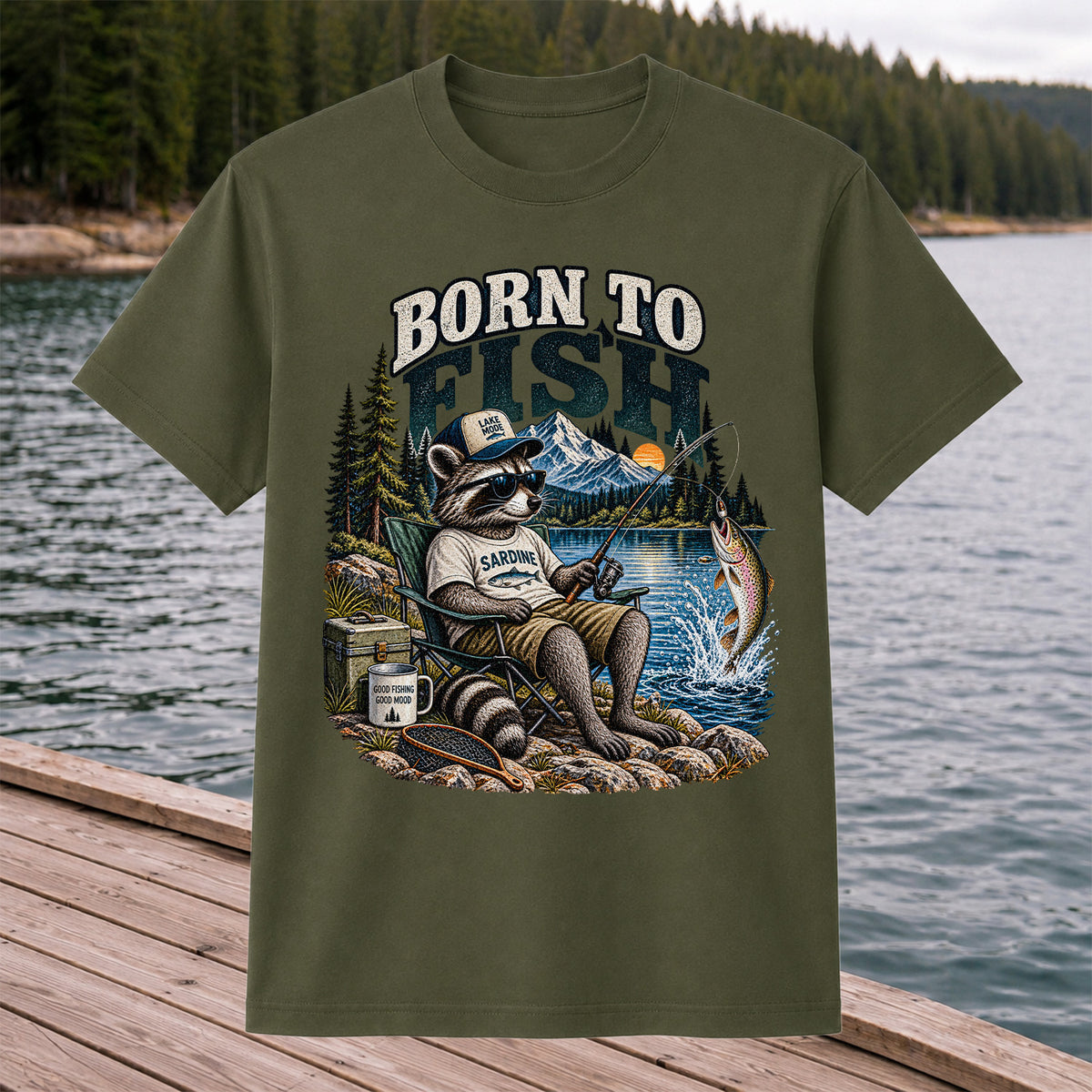 Born to Fish Raccoon in Sunglasses Lake Fishing T-Shirt