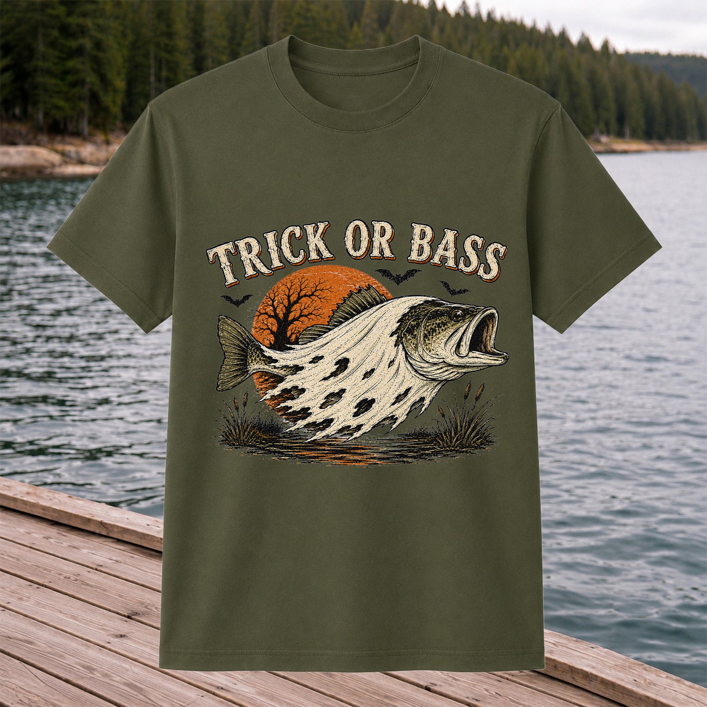 Trick or Bass Boo Halloween Fishing T-Shirt, Vintage Trout Angler Tee