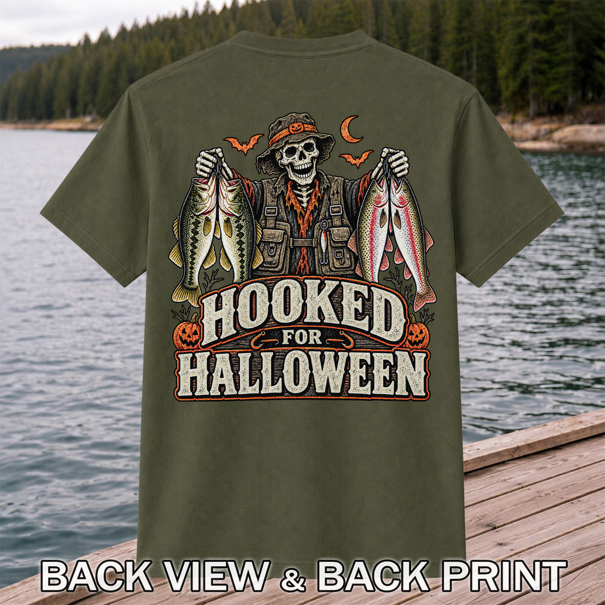 Hooked for Halloween Skeleton Angler with Bass and Trout Fishing T-Shirt | Back Print