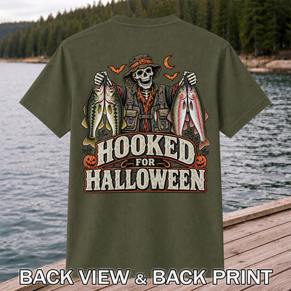 Hooked for Halloween Skeleton Angler with Bass and Trout Fishing T-Shirt | Back Print