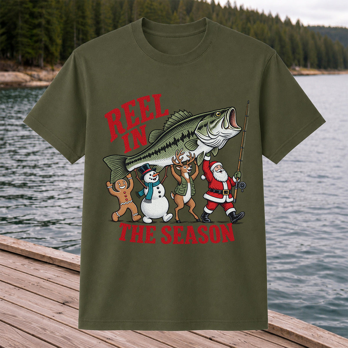 Reel in the Season Bass Christmas Fishing Graphic T-Shirt