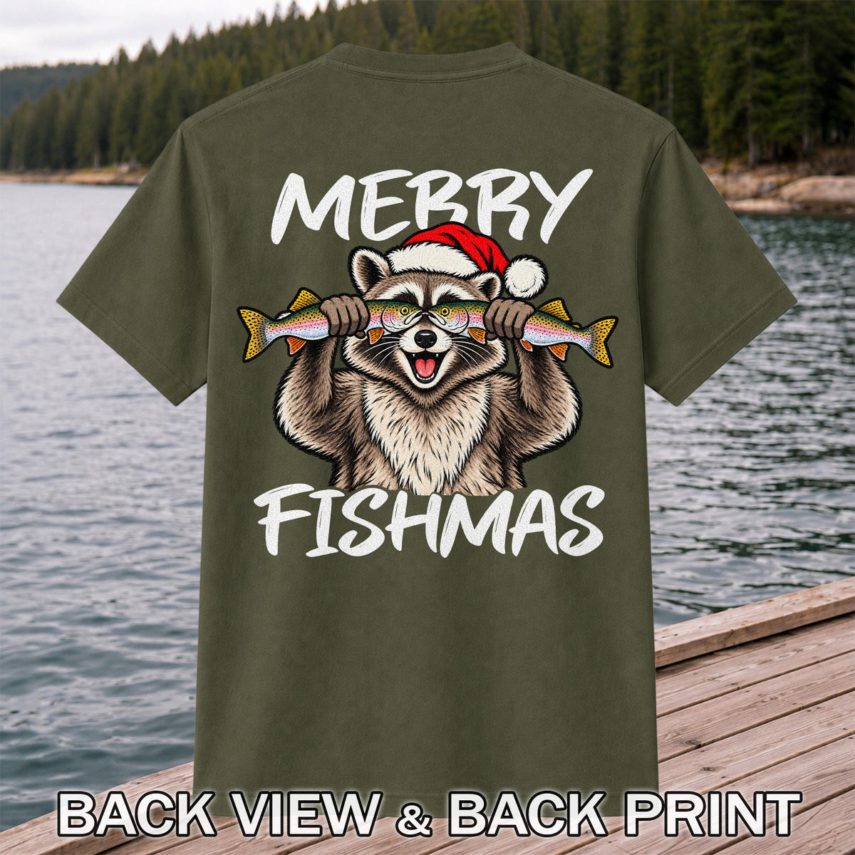 Merry Fishmas Raccoon Rainbow Trout Christmas Fishing T-Shirt | Back Print