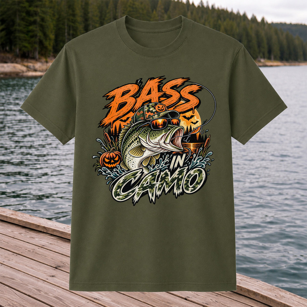 Bass in Camo Halloween Pumpkin Bass Fishing Graphic T-Shirt