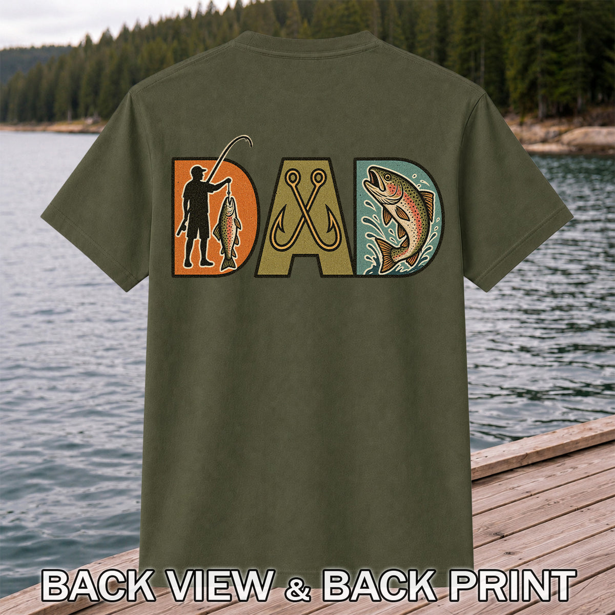 Dad Rainbow Trout and Fishing Hooks Retro Fishing T-Shirt | Back Print