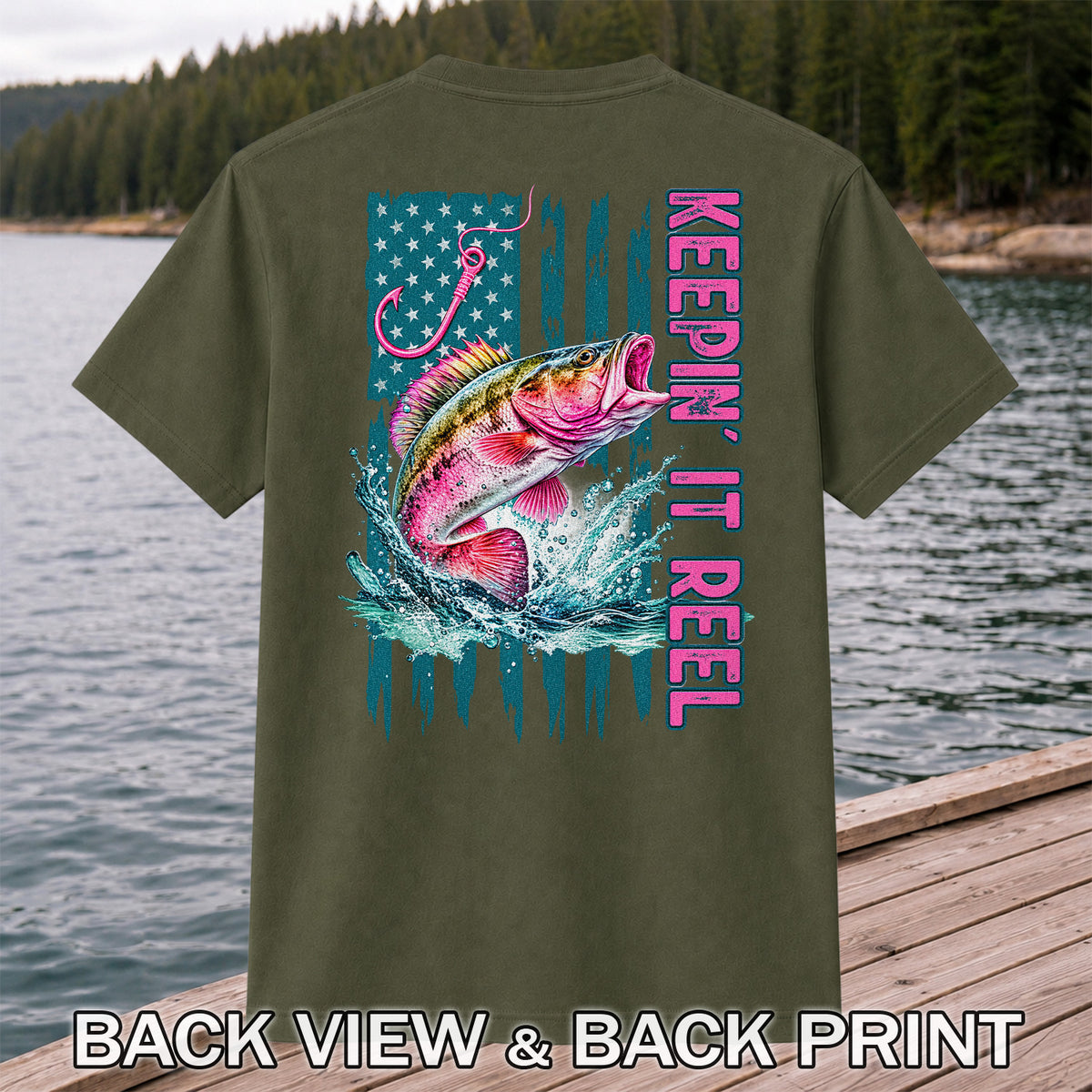 Keepin' It Reel Bass Fishing American Flag Graphic T-Shirt | Back Print