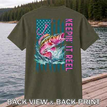 Keepin' It Reel Bass Fishing American Flag Graphic T-Shirt | Back Print