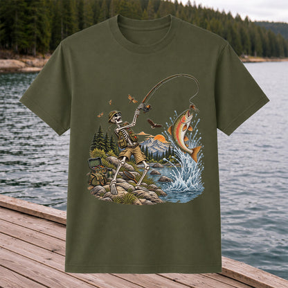 Skeleton Angler Catching Trout at a Mountain Lake Fishing T-Shirt