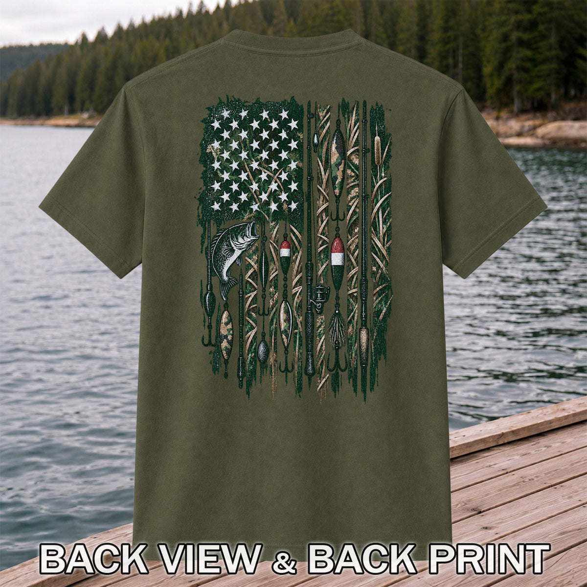 American Flag Bass Fishing Rods and Lures Graphic T-Shirt | Back Print