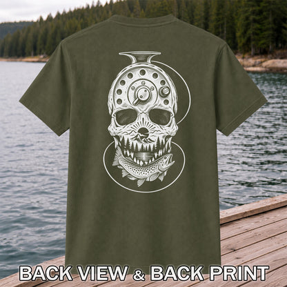 Trout and Fly Fishing Reel Skull Mountain Graphic T-Shirt | Back Print