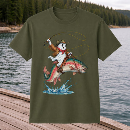 Ghost Cowboy Riding a Rainbow Trout Halloween Fishing T-Shirt