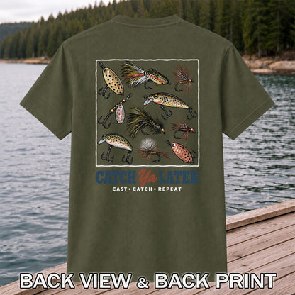 Catch Ya Later Cast Catch Repeat Fishing Lures Graphic T-Shirt | Back Print