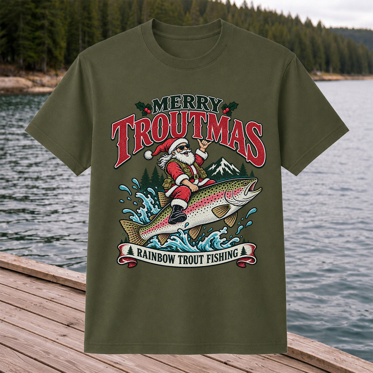 Merry Troutmas Santa Riding a Rainbow Trout Christmas Fishing T-Shirt