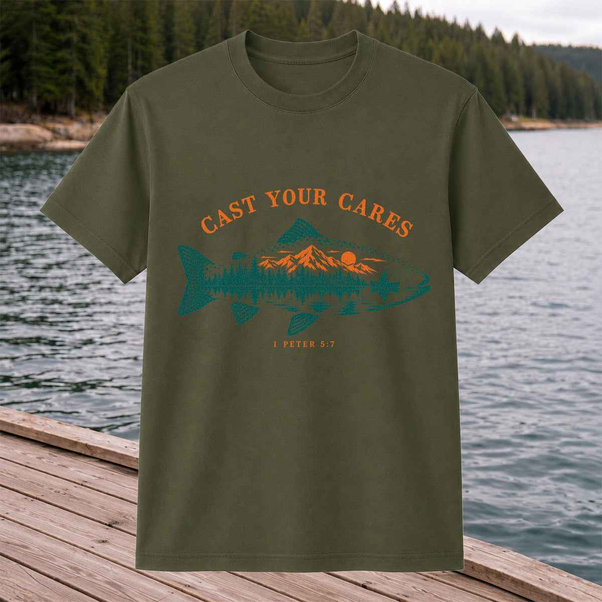 Cast Your Cares 1 Peter 5:7 Fish Silhouette Mountain Lake Fishing T-Shirt