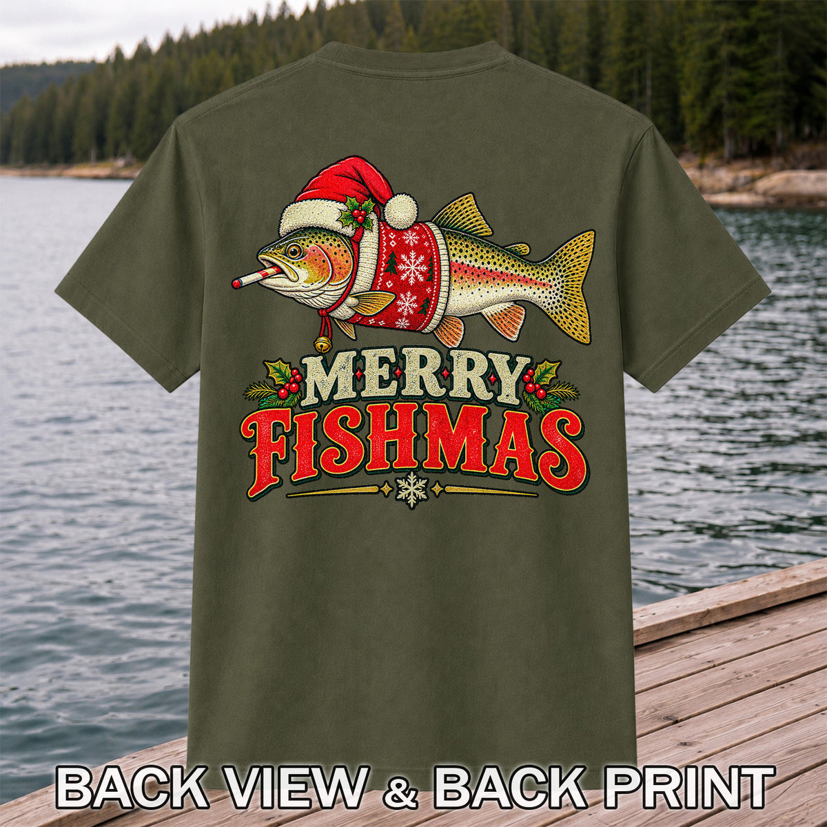Christmas Trout Santa Fishing Graphic T-Shirt | Back Print