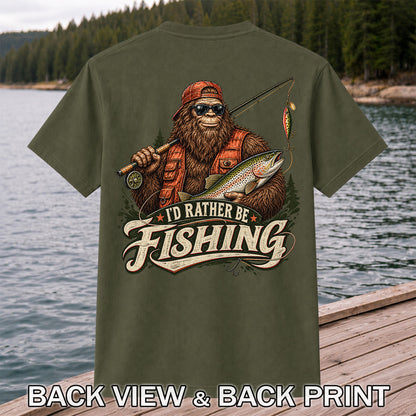 Bigfoot Holding Trout Funny Fishing Graphic T-Shirt | Back Print
