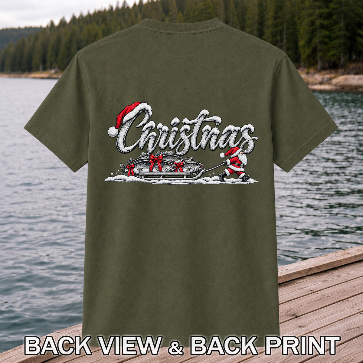 Christmas Santa Pulling Trout Fishing Sled Graphic T-Shirt | Back Print