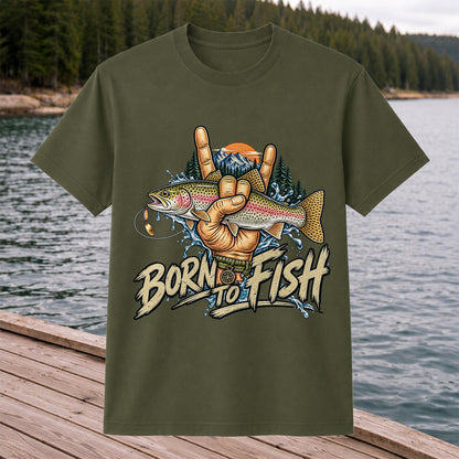 Born to Fish Rainbow Trout Rock Hand Sign Fishing T-Shirt