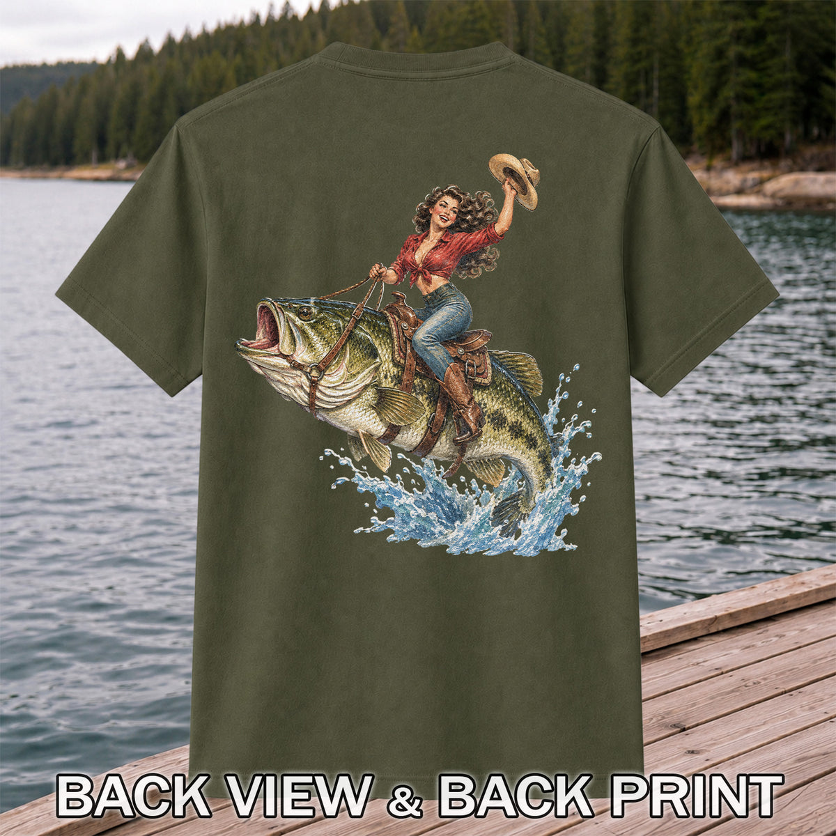 Vintage Cowgirl Riding a Largemouth Bass Fishing Graphic T-Shirt | Back Print