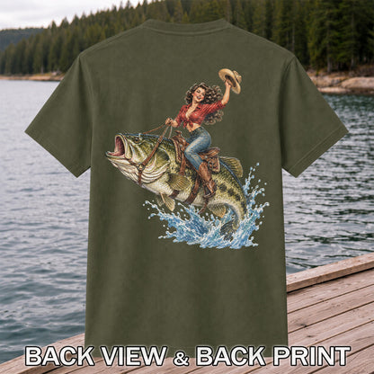Vintage Cowgirl Riding a Largemouth Bass Fishing Graphic T-Shirt | Back Print