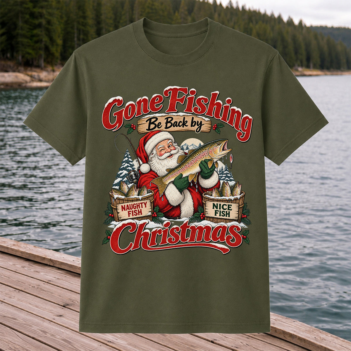 Gone Fishing Be Back by Christmas Santa Trout T-Shirt