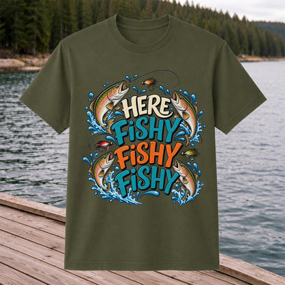 Here Fishy Fishy Fishy Rainbow Trout Funny Fly Fishing T-Shirt