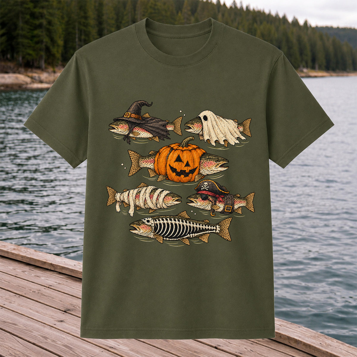 Rainbow Trout Halloween Costumes Witch Ghost Pumpkin Mummy Pirate Skeleton Fishing T-Shirt