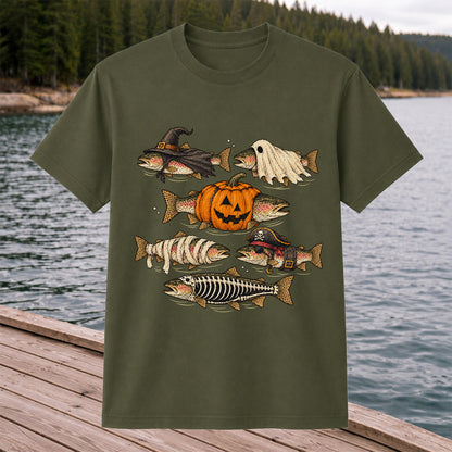 Rainbow Trout Halloween Costumes Witch Ghost Pumpkin Mummy Pirate Skeleton Fishing T-Shirt