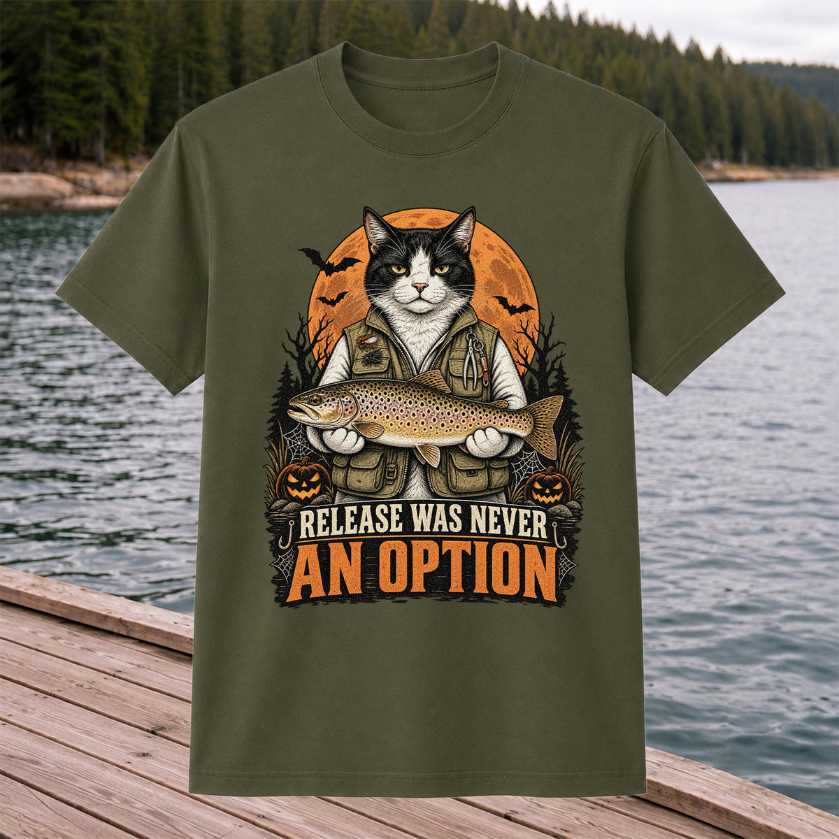 Release Was Never an Option Cat Holding Brown Trout Halloween Fishing T-Shirt